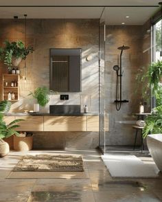 a modern bathroom with large plants in the tub and shower area, along with two sinks