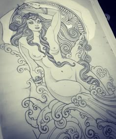 a drawing of a woman with long hair and waves on the side of a wall