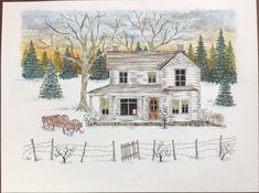 a drawing of a house in the snow