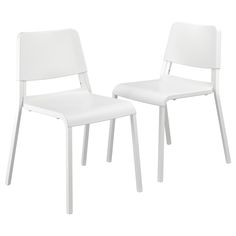 two white chairs sitting next to each other on a white surface with one chair facing the other