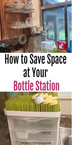 some plastic containers are stacked on top of each other with the words how to save space at your bottle station