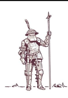 a drawing of a man in armor holding a spear and standing next to a pole