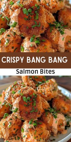 crispy bang bang salmon bites on a white plate