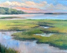 an oil painting of marshland and water