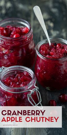 cranberry apple chutney recipe in jars with spoons on the side