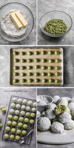 pistachio snowball cookies progress photos: first photo shows dry ingredients combined in bowl with butter added on top. Second photo shows pistachio snowball cookie dough in bowl. third photo shows cookie dough portions arranged on baking sheet. Fourth photo shows some cookies rolled in powdered sugar on wire rack. Fifth photo shows powdered sugar rolled cookies on serving platter. Pistachio Finger Cookies, Pistachio Spritz Cookies, Pistachio Meltaway Cookies, Melting Cookies Recipe, Pistachio Amaretti Cookies, Pistachio Crinkle Cookies, Pistachio Drop Cookies, Cookies With Pistachios, Pistachio Paste Cookies