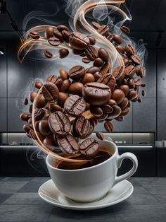 coffee beans falling into a cup with steam rising from it