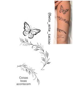 a butterfly and flower tattoo on the left arm, with words written in black ink