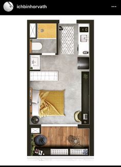 an overhead view of a bedroom and living room in a small apartment with the floor plan