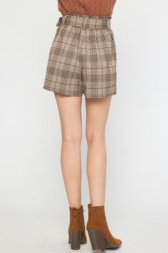 plaid high waist paper bag shorts Brand: Entro Style: P18870 Fabric: 98% POLYESTER 2% SPANDEX Details: Checkered high waisted shorts featuring belt at waist. Pockets at side. Elastic at back waist. Lined. Woven. Non-sheer. Lightweight. 5'9.5" and wearing size Small Belted Paperbag Waist Shorts For Work, Fall Season Belted Short Bottoms, Trendy Belted Bottoms With Paperbag Waist, Trendy Belted Paperbag Waist Bottoms, Fall High Waist Shorts With Belt Loops, High Waist Shorts With Belt Loops For Fall, Belted High-waisted Shorts For Day Out, Brown High-waisted Shorts With Belt Loops, Casual Belted Shorts For Workwear