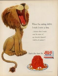 an advertisement for jello featuring a lion with its mouth open