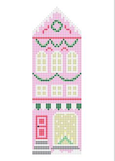 a cross stitch pattern of a pink building with a clock on it's side