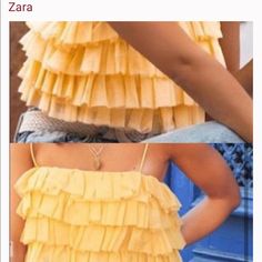 Zara Yellow Ruffled Tulle Crop Top Summer Party Tops With Ruffle Hem, Chic Fitted Tiered Tops, Summer Party Tops With Ruffles, Elegant Tiered Summer Tops, Elegant Tiered Tops For Summer, Chic Tiered Ruffle Tops, Zara Sleeveless Ruffled Tops, Tiered Ruffle Top For Summer, Yellow Ruffled Zara Tops