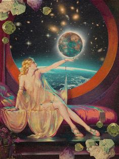 a painting of a woman sitting on top of a bed holding the moon above her head