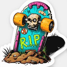 a drawing of a trash can with a skull on it's head and the word rip in front of it