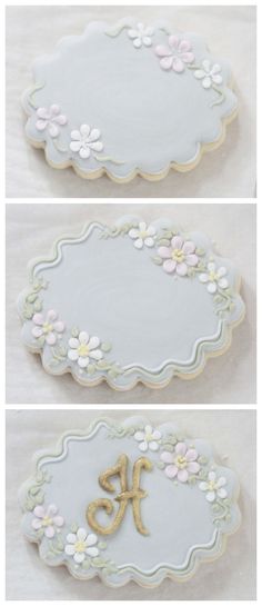 three pictures of decorated cookies with flowers on them