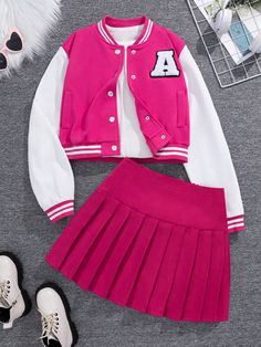 Teen Girl Letter Patched Striped Trim Varsity Jacket & Pleated Skirt Multicolor Casual    Colorblock,Letter  Medium Stretch  Teen Girls Clothing, size features are:Bust: ,Length: ,Sleeve Length: Cute Clothes Ideas For School, Mode Rose, Girls Party Wear, Teen Girl Dresses, Cute Dress Outfits, Trim Jacket, Cute Preppy Outfits, Letter Embroidery, Winter Girls