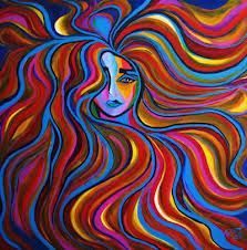 an abstract painting of a woman's face with wavy hair