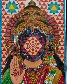 a painting of a woman with her hands in front of her face and an intricate design on