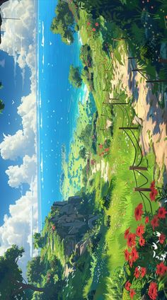 an anime landscape with flowers and trees on the side of a cliff, looking down at the ocean