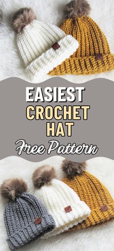 two crochet hats with pom - poms on top and the text easyest crochet hat free pattern