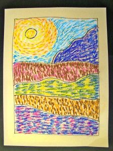 an art project with colored crayons on paper