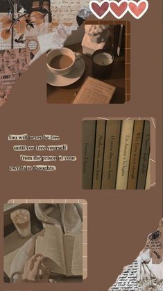 a collage of photos with words and pictures on it, including coffee mugs