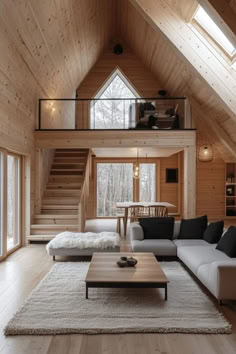 Embrace Scandinavian-inspired cabin decorating ideas that emphasize functionality and simplicity. Light woods, white walls, and functional furniture create a spacious, airy feel. Tap here for more Scandinavian cabin style tips. Small Cabin Modern, Scandinavian Cabin Interior Design, Wooden Cabin Interior Design, Wood Cabin Modern, Winter Home Design, Modern Cabin Furniture, Timber Home, Cabin Design Ideas, Modern Cabin House Interiors