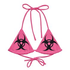 Check out our Biohazard Collection here: https://www.etsy.com/shop/GDSLabel?ref=seller-platform-mcnav&search_query=biohazard Dive into the daring with our Biohazard String Bikini Top, designed for those who love to stand out. This unique top combines a rose pink and black color scheme with a bold biohazard symbol, capturing a blend of Y2K nostalgia and apocalyptic edge.  Perfect for raves, poolside lounging, or beach getaways, this bikini top is sure to turn heads. Whether you're channeling your Cute Pink Rave Outfits, Emo Beach Outfit, 2000s Swimsuit, 2000s Rave Fashion, Gothic Swimwear, Rave Outfits Pink, Biohazard Symbol, Y2k Nostalgia