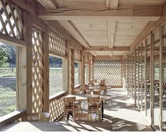 an empty restaurant with wooden tables and chairs on the outside wall, looking out onto a grassy field