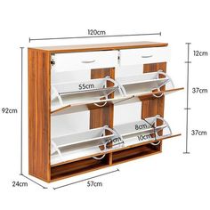 an image of a wooden shelf with two shelves and three bins on each side