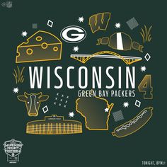 the wisconsin green bay packers logo is surrounded by other sports related items, including a football helmet