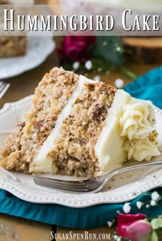 a slice of hummingbird cake on a white plate