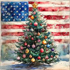 a watercolor painting of a christmas tree with an american flag in the back ground