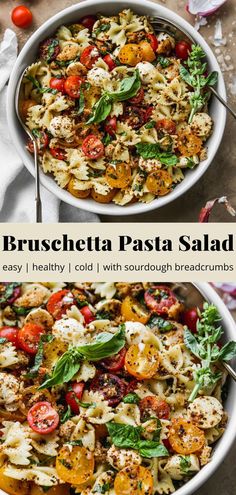 Pinterest graphic for a healthy, cold bruschetta pasta salad recipe. Bruschetta Pasta Salad, Bruschetta Pasta, Salad Mixes, Cold Pasta Salad Recipes, Cold Lunches, Cold Pasta Salad, Mediterranean Salad, Easy Pasta Salad, Pasta Salad Recipes