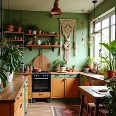 a kitchen filled with lots of green plants and wooden shelves next to a stove top oven