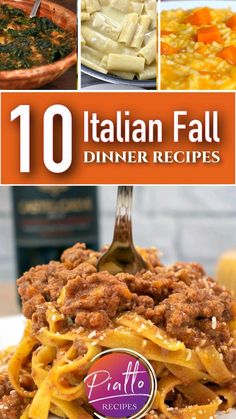 the cover of italian fall dinner recipes, with pictures of pasta and other food items