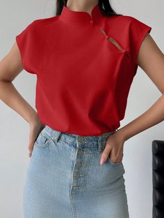 Red Casual Collar Cap Sleeve Woven Fabric Plain Top Embellished Non-Stretch  Women Plus Clothing Classic Red Top With Casual Collar, Cheap Solid Red Blouse, Fitted Elegant Red Shirt, Chic Red Collared Top, Elegant Red Collared Shirt, Sleeveless White Shirt, Outfit Boda, Chinese Collar Shirt, Chinese Top