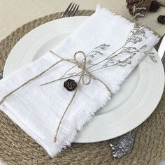 a white plate topped with a napkin covered in twine and pineconi on top of a woven place mat