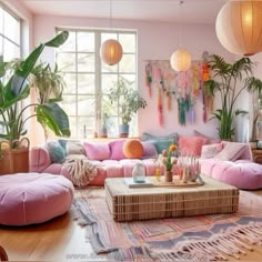 a living room filled with lots of pink furniture and plants on the wall next to a large window