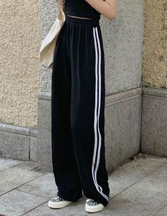 Gym Pants Women, Sweatpants Women, Striped Sweatpants, High Waist Trousers, Striped Wide Leg Pants, Black Sweatpants, Printed Joggers, Fashion Joggers, Fashion Korean