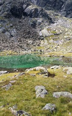 a mountain lake surrounded by rocks and grass