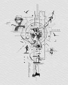 an abstract drawing with people and symbols on it's side, including a clock