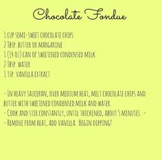 the ingredients for chocolate fondue are displayed on a yellow background with black and white lettering