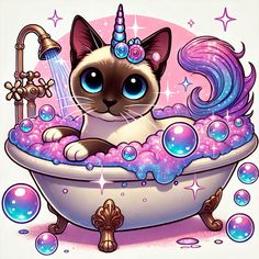 a cat in a bathtub with bubbles and a unicorn horn