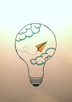 a drawing of a light bulb with a paper airplane in it