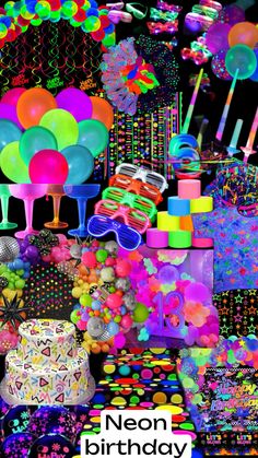 a birthday party with neon colored decorations and balloons