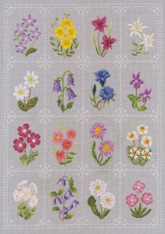 a cross stitch pattern with different flowers on the front and back of it, all in various colors