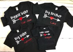 "Personalized Set of 4 brother and sister coordinating shirts! Any combination of 4 Bodysuits or shirts. Shown in heather gray with pink and sky blue accents. Wording (sister, brother etc) and accent colors can be changed (slide over photo) {OPTIONS} TO CHANGE TO LONG SLEEVE purchase this link too: https://etsy.me/2VsO6nd NEED AN EXTRA SHIRT? PURCHASE THIS LINK TOO: https://etsy.me/2GQoHM1 {COLORS} Colors will be as shown in the main photo unless another color is requested. If you would like to Family Matching Custom Name T-shirt As A Gift, Family Matching T-shirt With Custom Name As Gift, Custom Name Family Matching T-shirt, Custom Name T-shirt For Family Matching Gift, Custom Name Short Sleeve T-shirt For Birthday, Custom Name Cotton Top As A Gift, Black Family Matching T-shirt For Gender Reveal, Matching Custom Print Tops For Gender Reveal, Family Matching Custom Print T-shirt For Gender Reveal