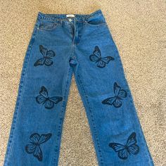 These Pants Are Brand New, I Just Don’t Have Anything In My Closet To Wear Them With Unfortunately Send Offers!!! Pants With Butterflies, Cherry Jeans, Artist Things, Painted Pants, Butterfly Pants, Business Clothing, Size 10 Jeans, Painted Jeans, Business Pants